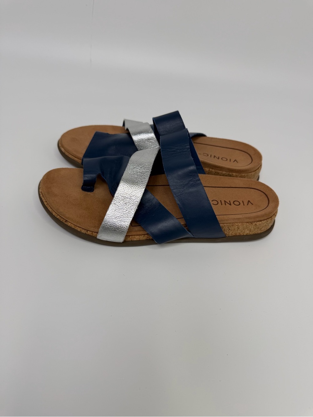 Vionic Blue & Silver Luelle Strappy Toe Loop Leather Slide Sandals Size 8.5 - Picture 5 of 9